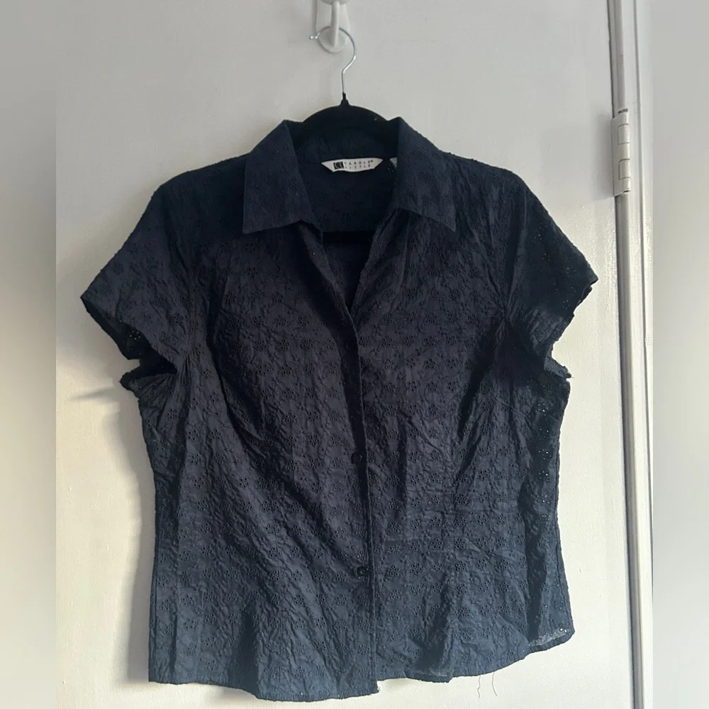 Navy Blue Short Sleeve Button-Up Top size L - Picture 1 of 7